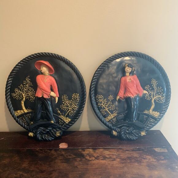 Vintage‎ MCM Mid Century Chalkware Asian Man Woman large 3D Wall Hanging Set - Picture 1 of 9